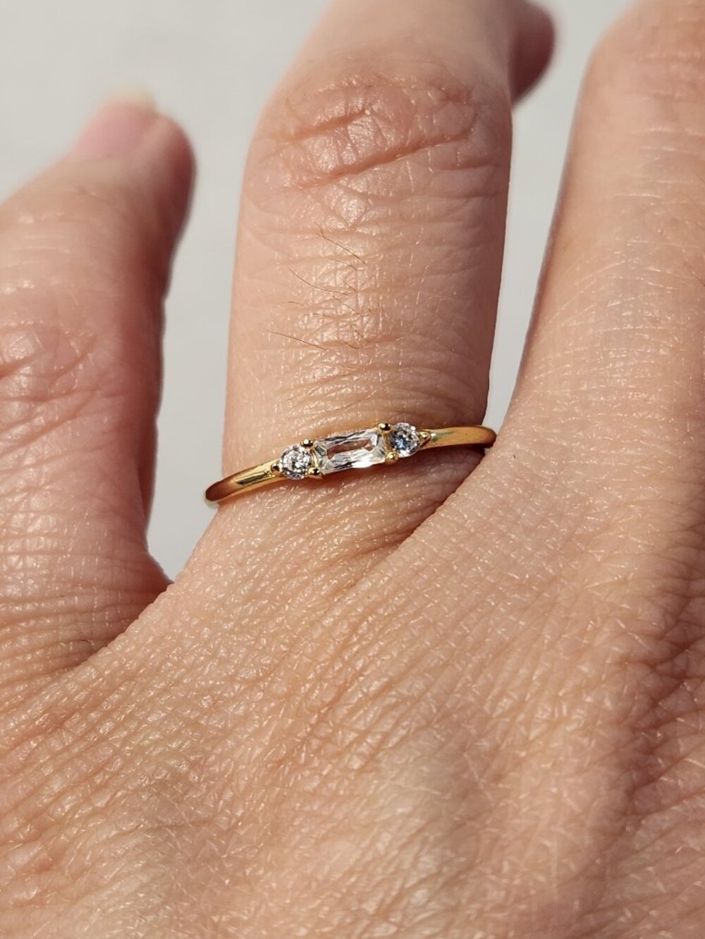 18K Gold Over 925 Sterling Silver CZ Baguette 3 Stone Ring Size 6